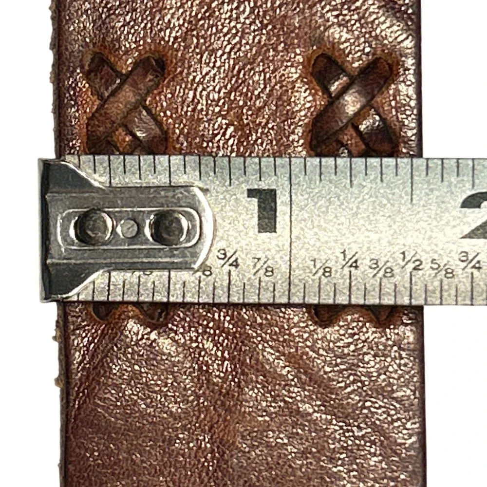 Cognac Brown Italian Leather Whipstitch Belt with Antiqued Brass Buckle Size M